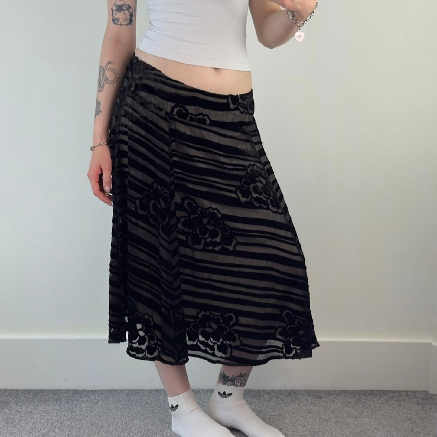 Y2K vintage part silk striped midi skirt a line black beige double overlay lined