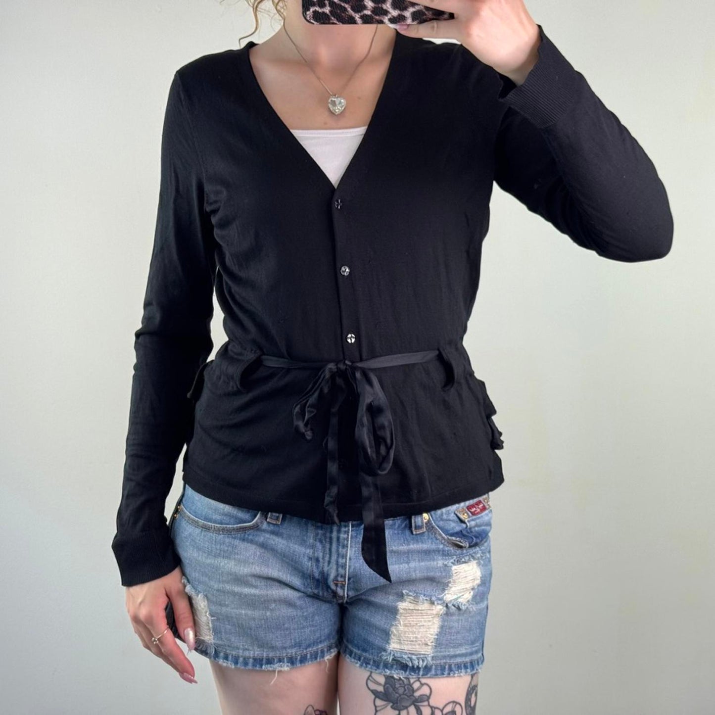 Y2K vintage part silk button up fine knit cardigan ruffle bow v neck archive