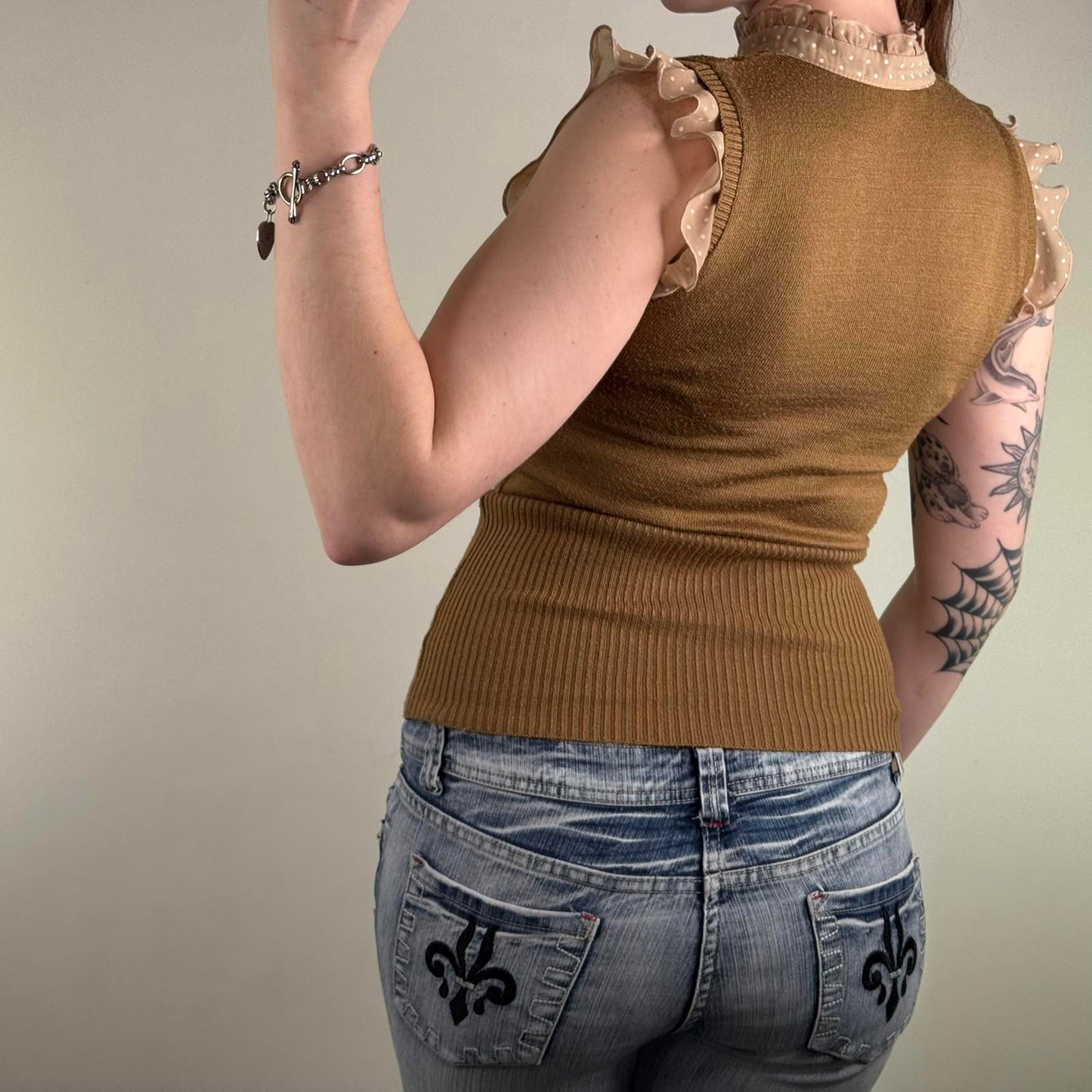 Y2K vintage fine knitted blouse sleeveless polka dot frill high neck