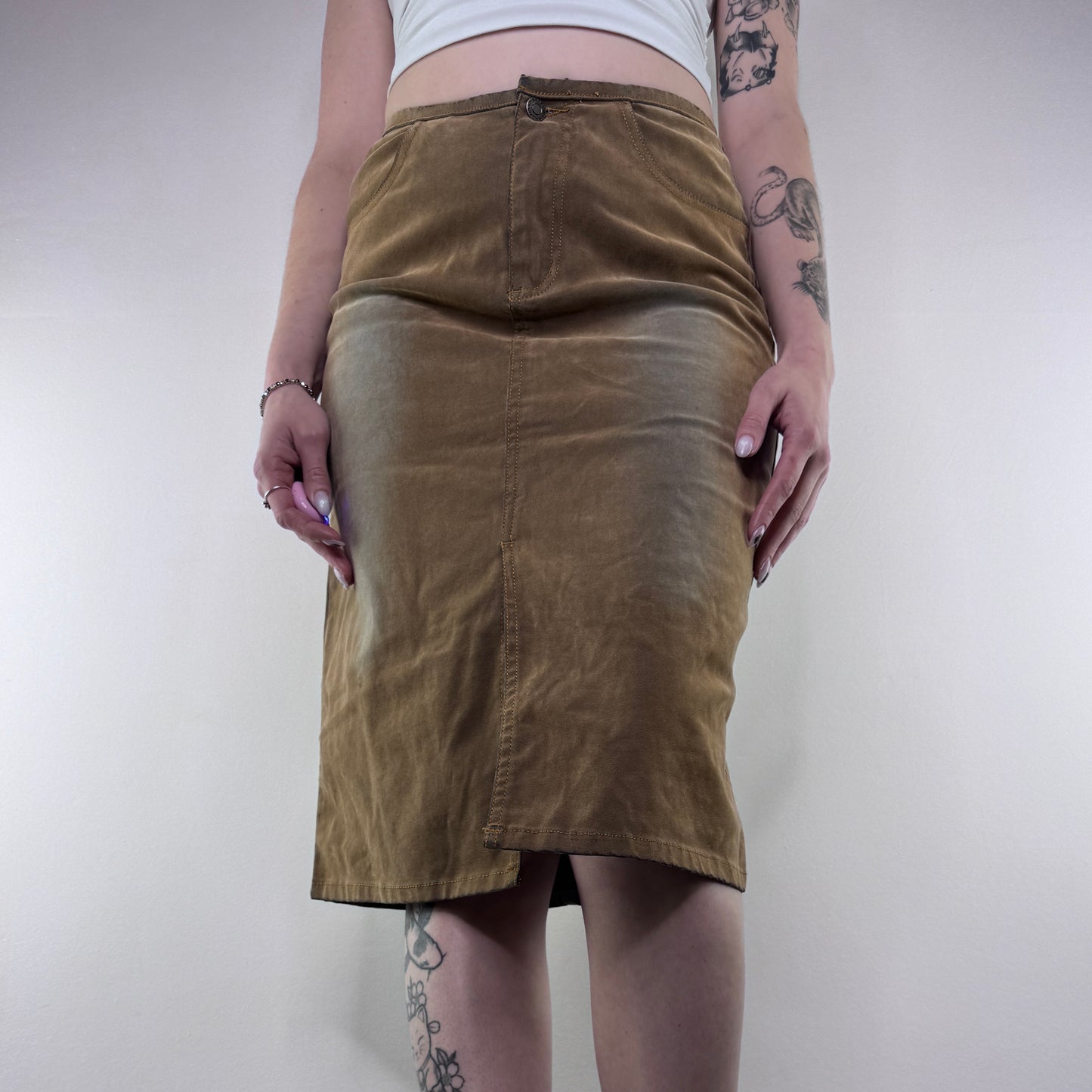 Y2K vintage faux suede faded midi skirt