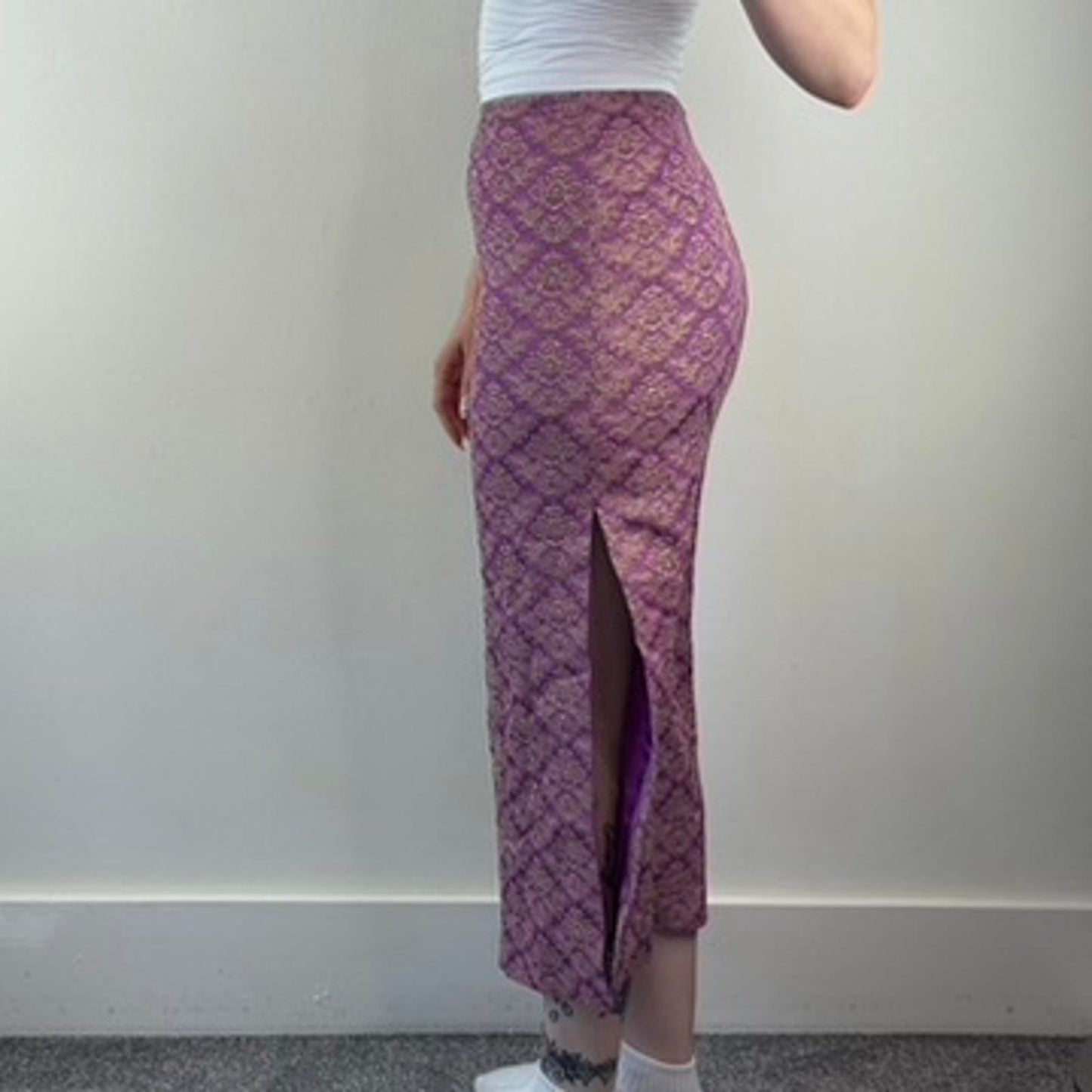 Y2K vintage Karen Millen maxi skirt brocade pattern floral gold purple