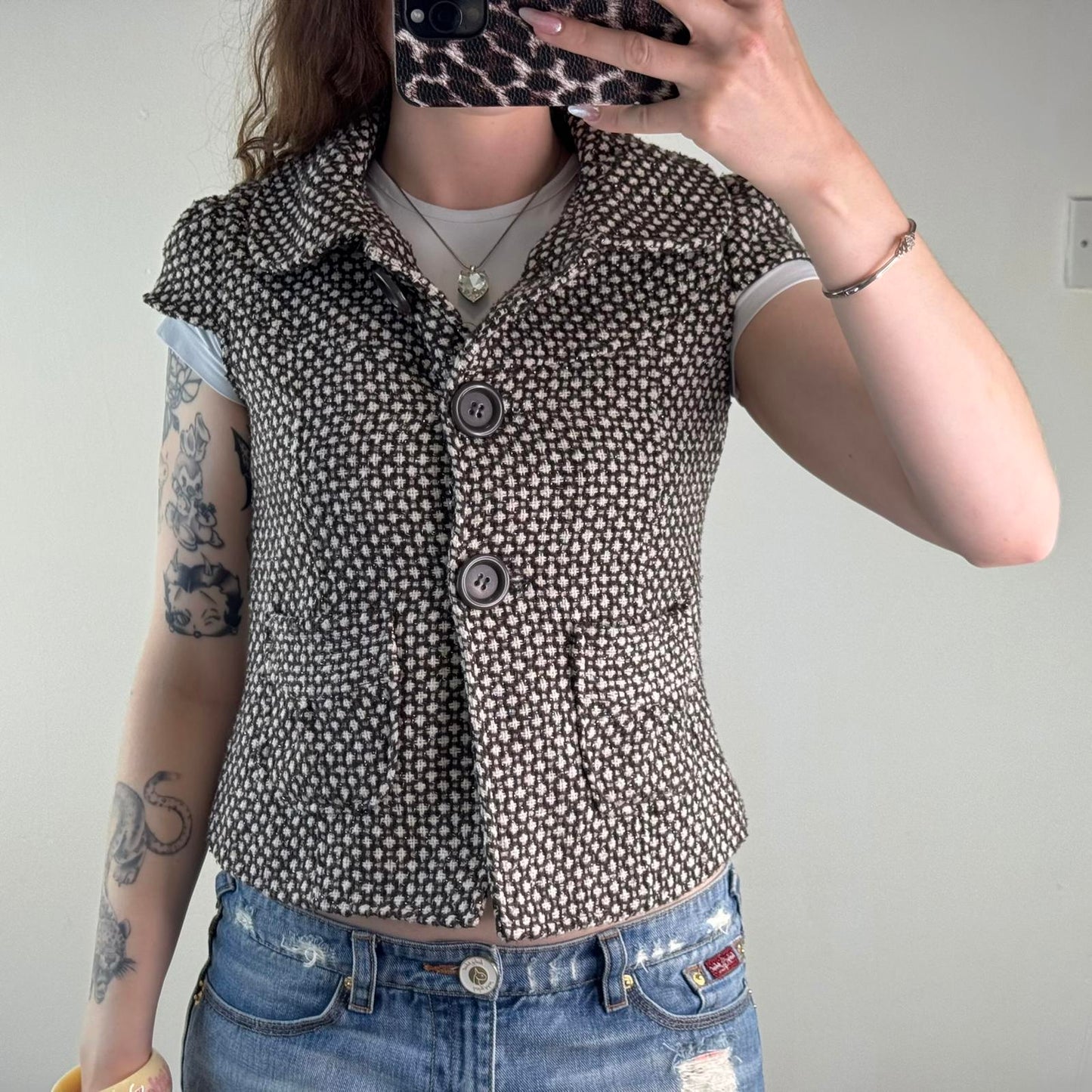 Y2K vintage sparkly part wool button up short sleeve jacket archive brown white