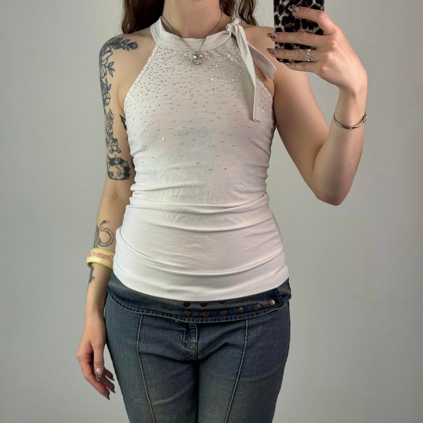 Y2K vintage sequin embellished high neck tank top bow stretchy white