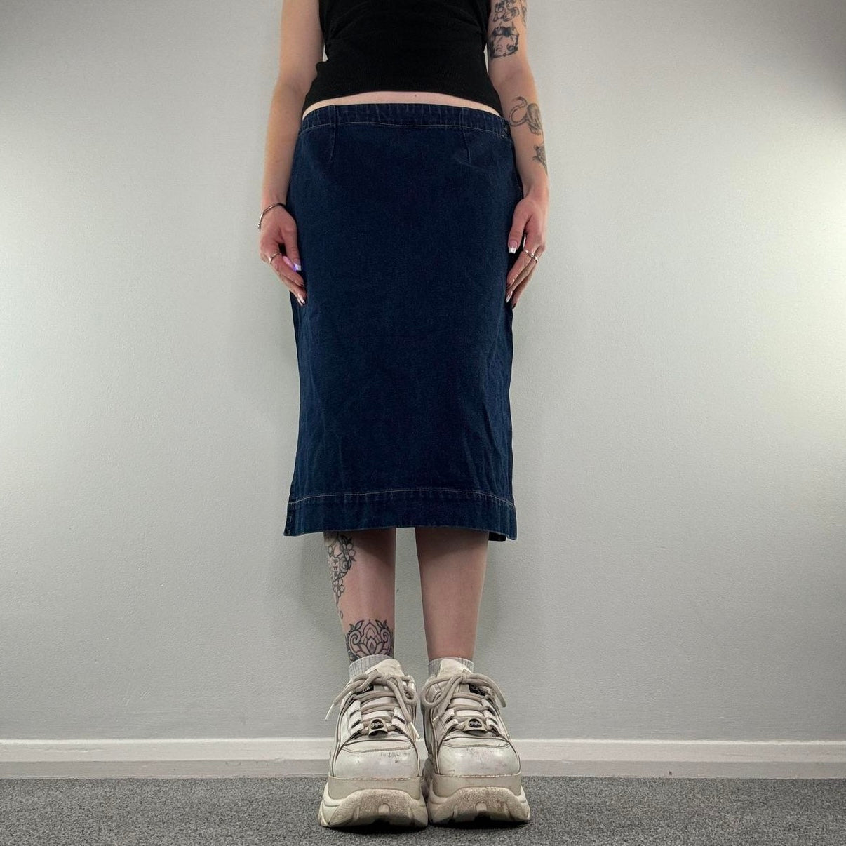 Y2K vintage dark denim midi skirt