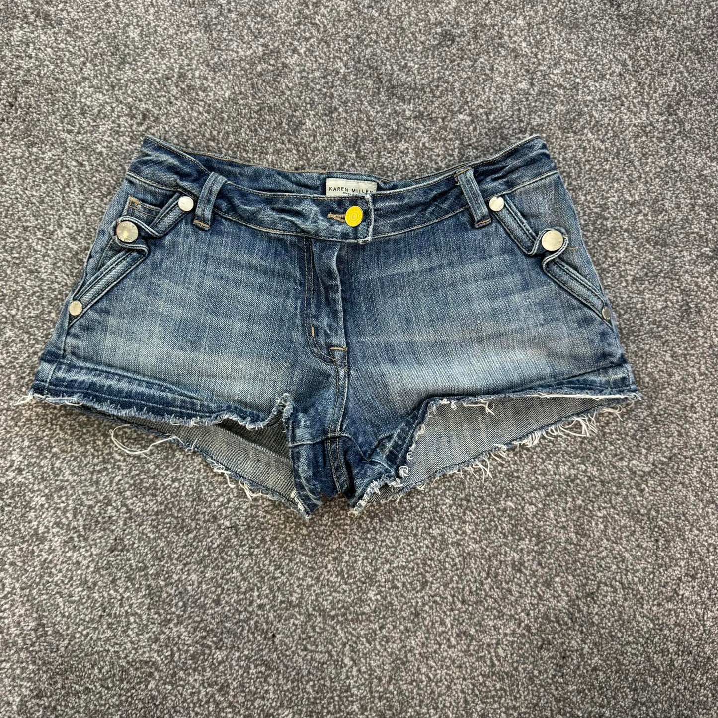 Y2K vintage Karen Millen low rise distressed denim mini shorts fraying hem