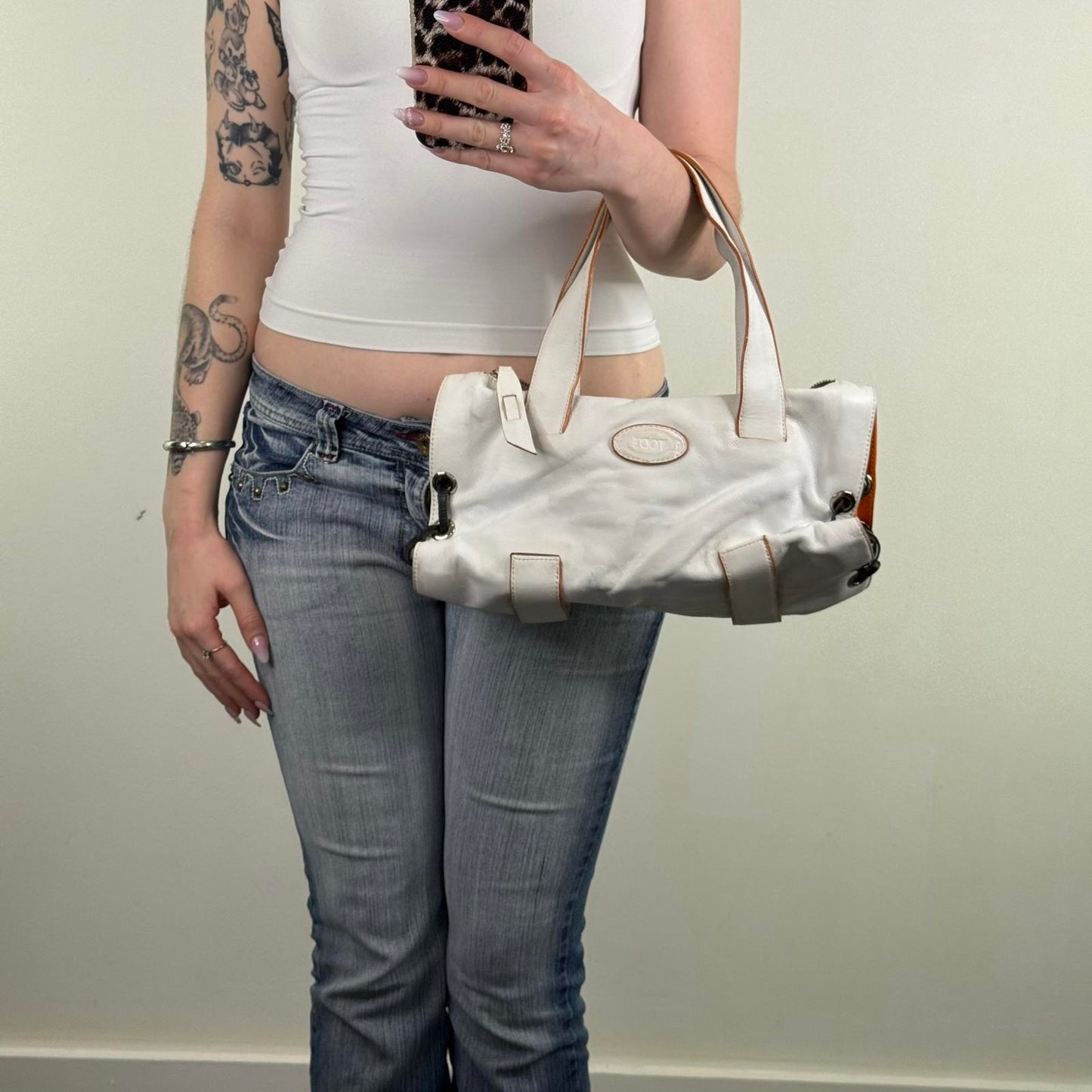 Y2K vintage Tod's genuine leather small shoulder bag lace up sides white orange