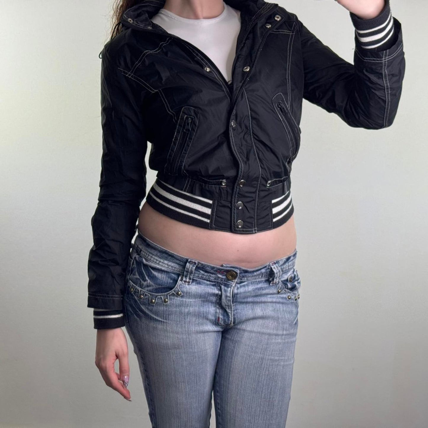 Y2K vintage lightweight zip up jacket slight crop with hood stripe bomber