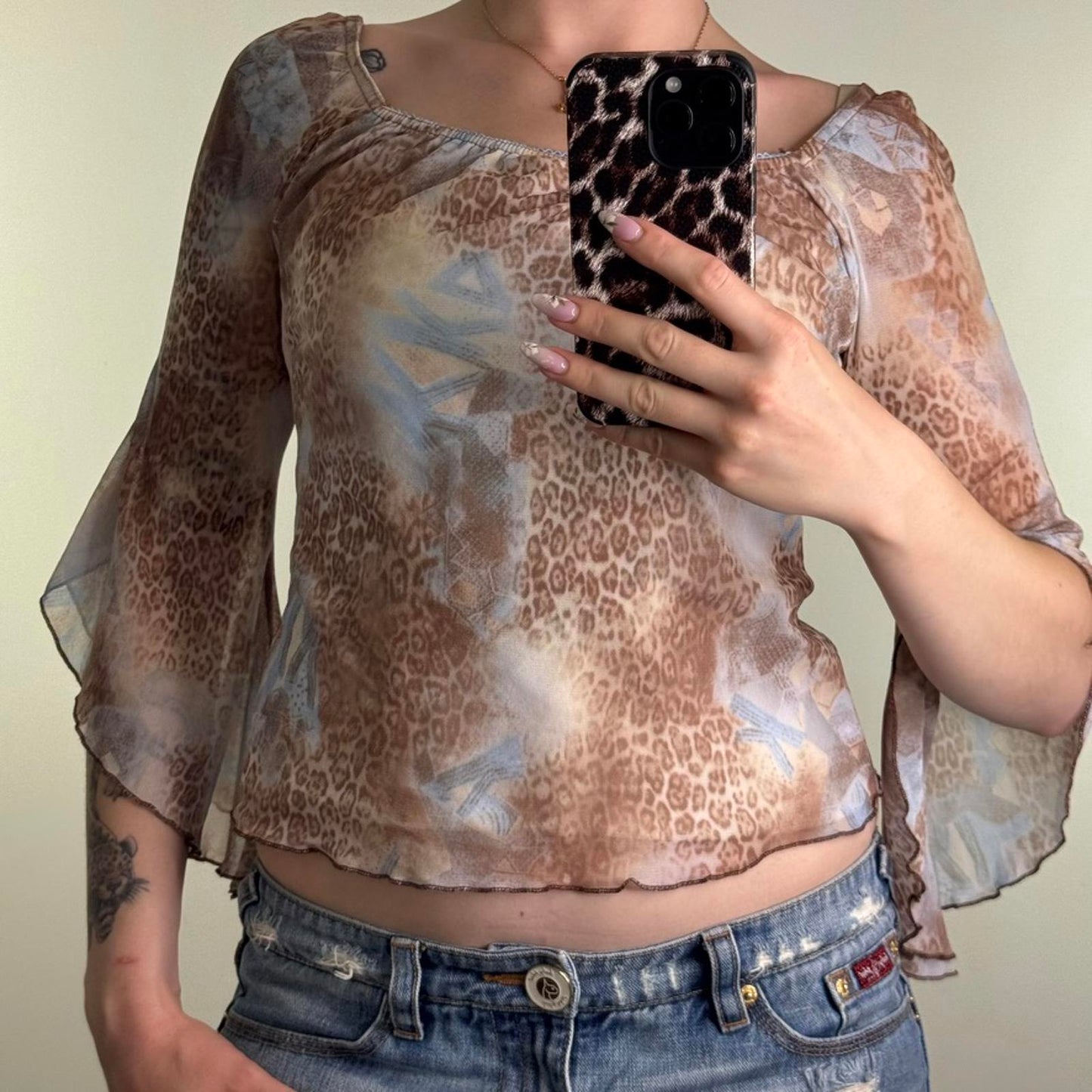 Y2K vintage mesh flare bell sleeve leopard print top ruched bust overlay