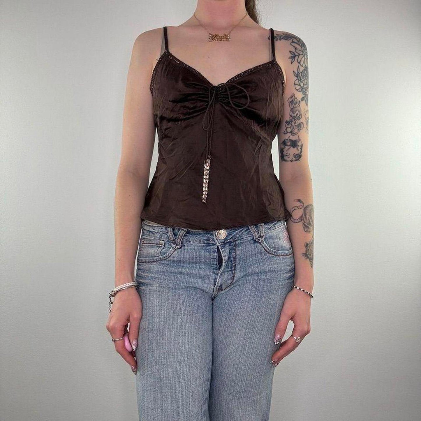 Y2K vintage 100% silk beaded floaty cami top lace trim strappy v neck