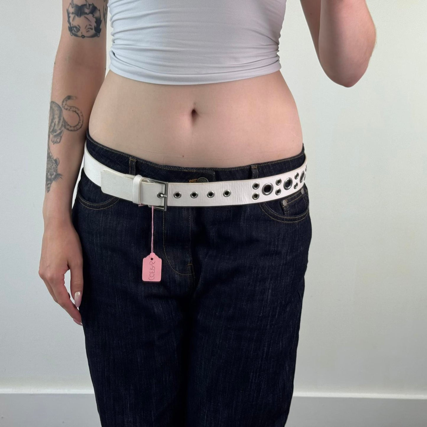 Y2K vintage faux leather grommet belt silver buckle white square buckle