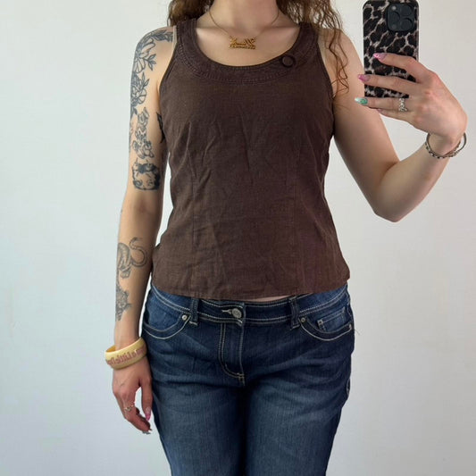 Y2K vintage part linen round neck sleeveless tank top button archive brown