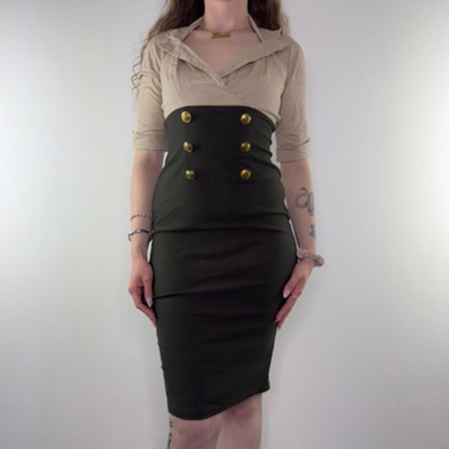 Pinup Couture military dress midi rockabilly stretchy fitted khaki beige