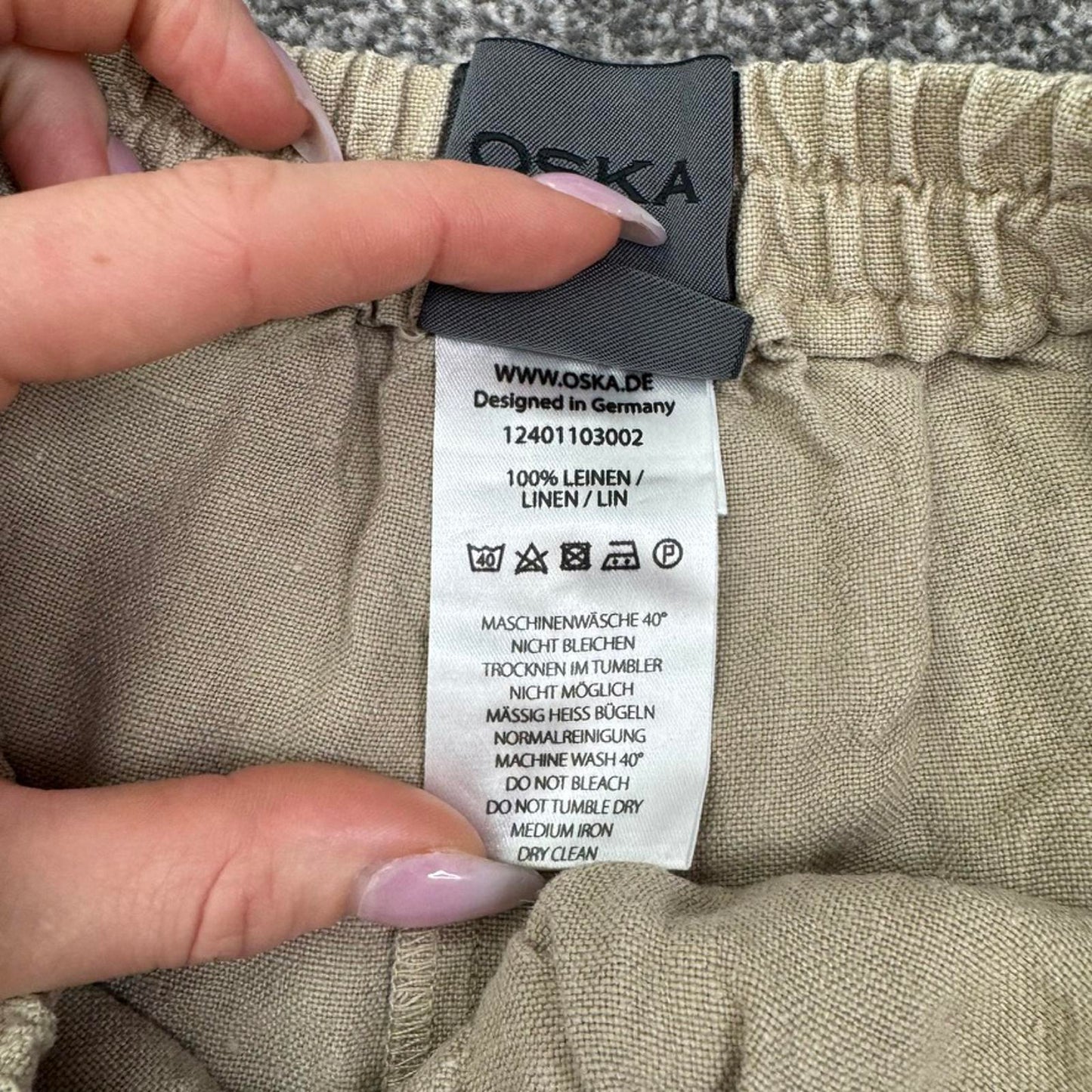 Oska 100% linen trousers lightweight baggy cargo pockets beige stretch waistband