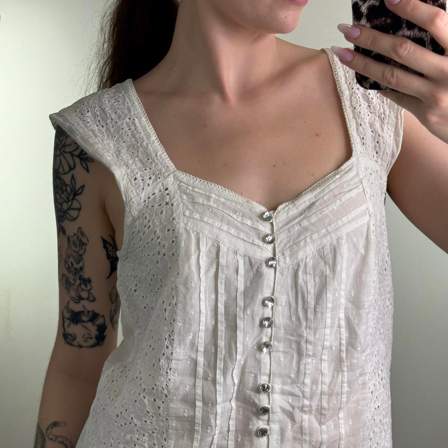 Y2K vintage button up blouse broderie anglaise rhinestone stripe polka dot sheer