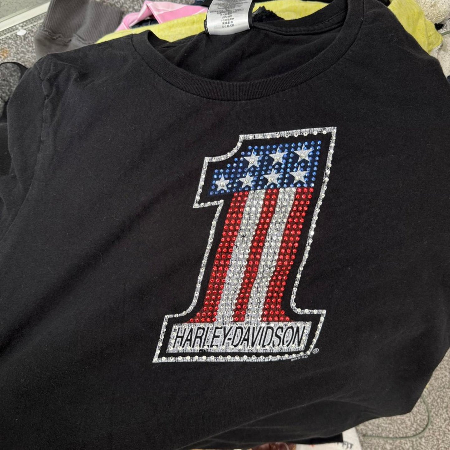 2011 Harley Davidson USA rhinestone t shirt graphic print number one 1 top