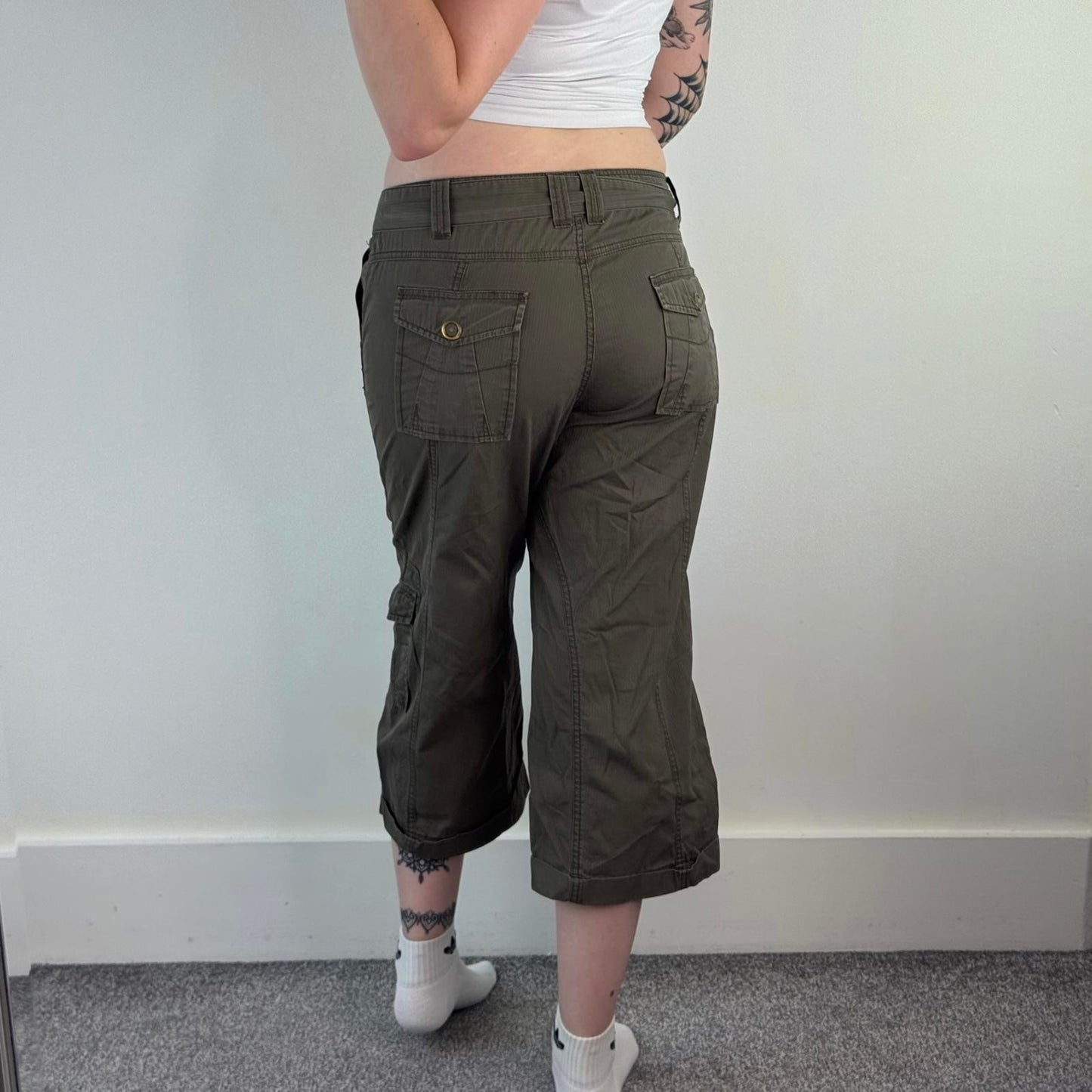 Y2K vintage mid rise stripe cropped capri cargo trousers tie bow belt pockets