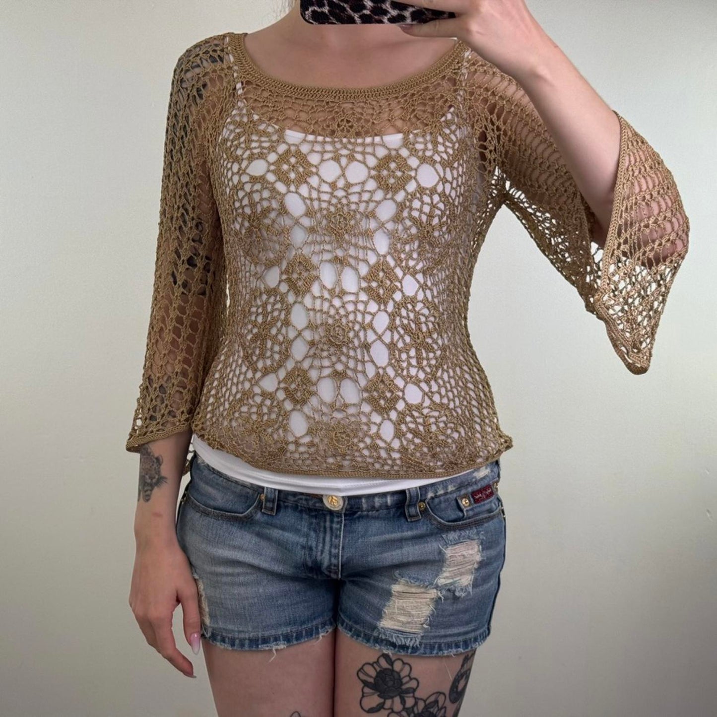 Y2K vintage crochet knit flare 3/4 sleeve top sheer round neck beige pattern