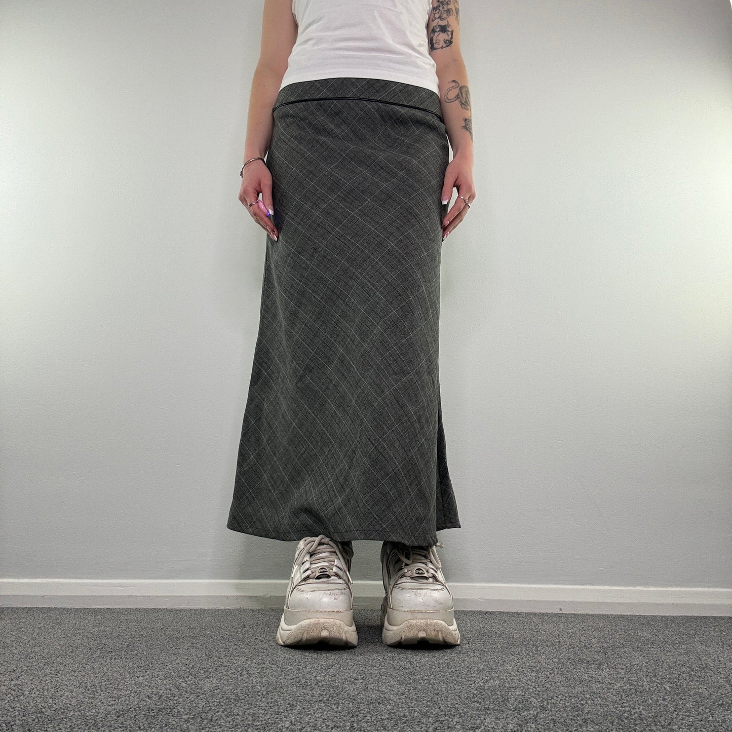 Y2K tartan faux leather waist trim maxi skirt