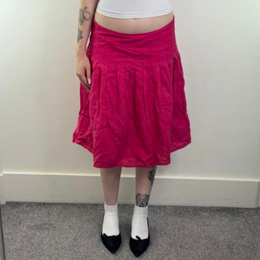 Y2K vintage 100% pure linen pleated midi skirt a line knee length hot pink