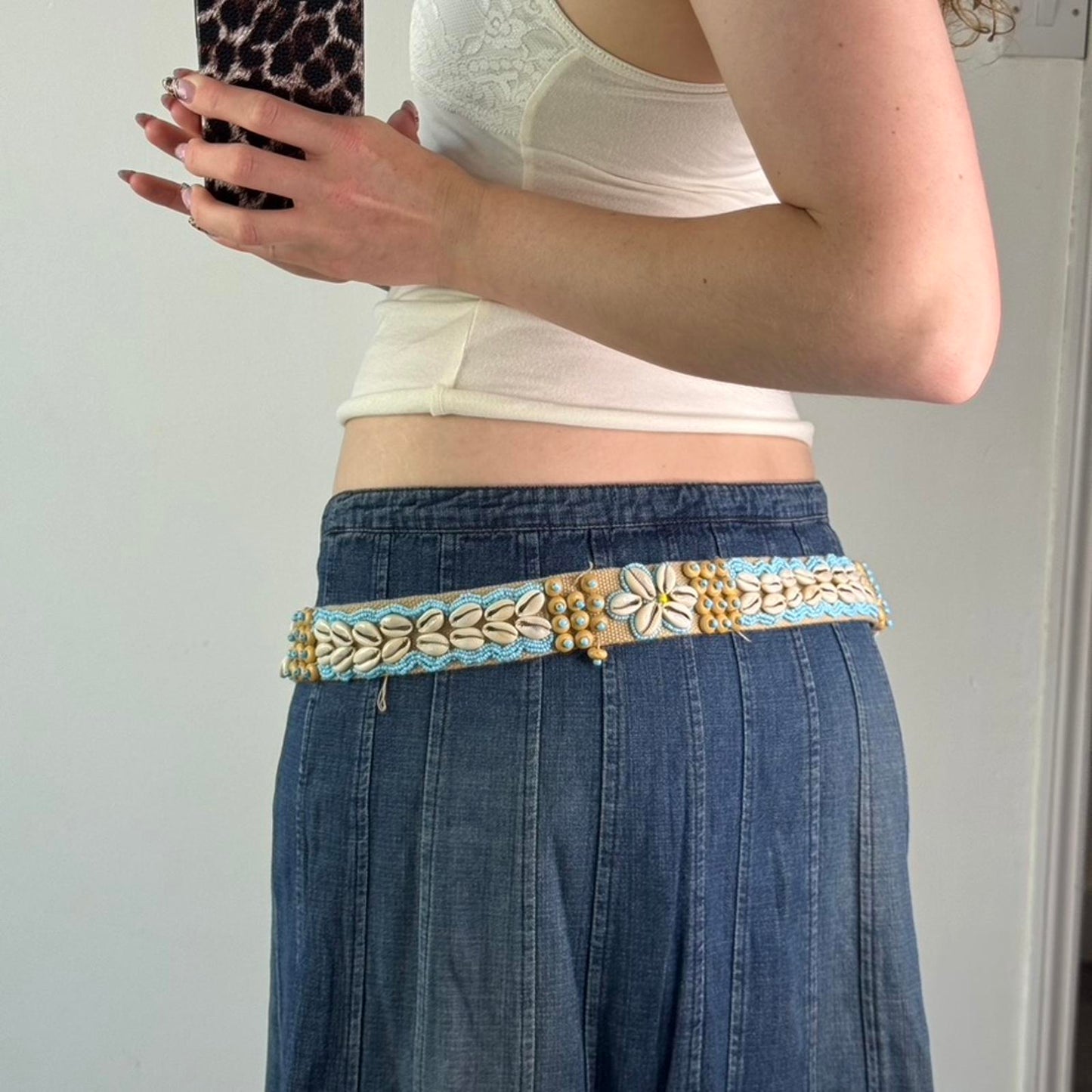 Y2K vintage seashell beaded canvas belt adjustable blue beige bow beach