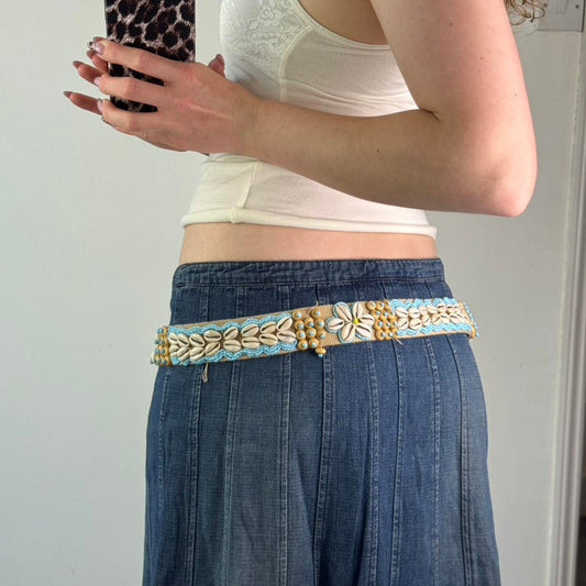 Y2K vintage seashell beaded canvas belt adjustable blue beige bow beach