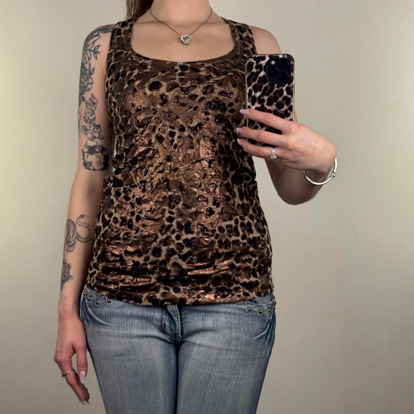 Y2K vintage leopard print tank top racerback brown shimmer round neckline