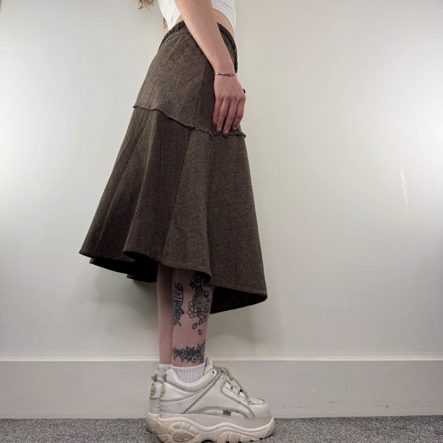 Y2K vintage asymmetrical tartan houndstooth midi skirt