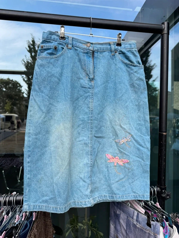 Y2K vintage  dragonfly midi skirt denim boho patchwork floral