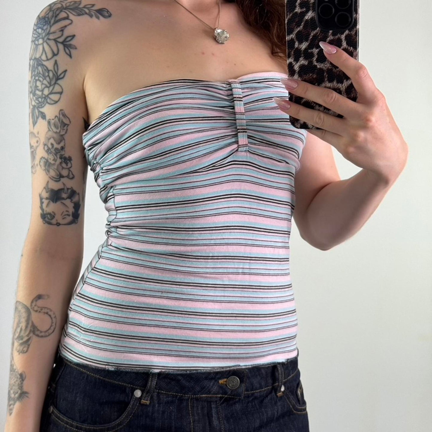 Y2K vintage stripe strapless ruched bust top stretchy pink blue black