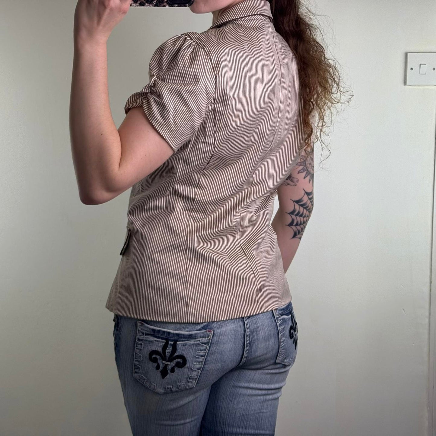 Y2K vintage short sleeve button up blazer pinstripe jacket ruched puff pea coat