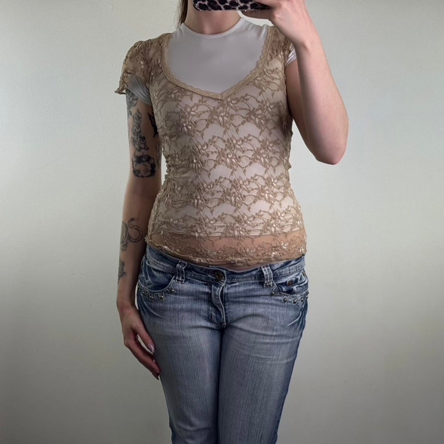 Y2K vintage Per Una mesh floral lace deep v neck top sheer frill short sleeve