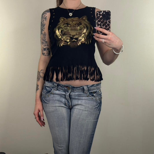 Y2K vintage Bay tank top tiger fringe gold black stretchy sleeveless top studded