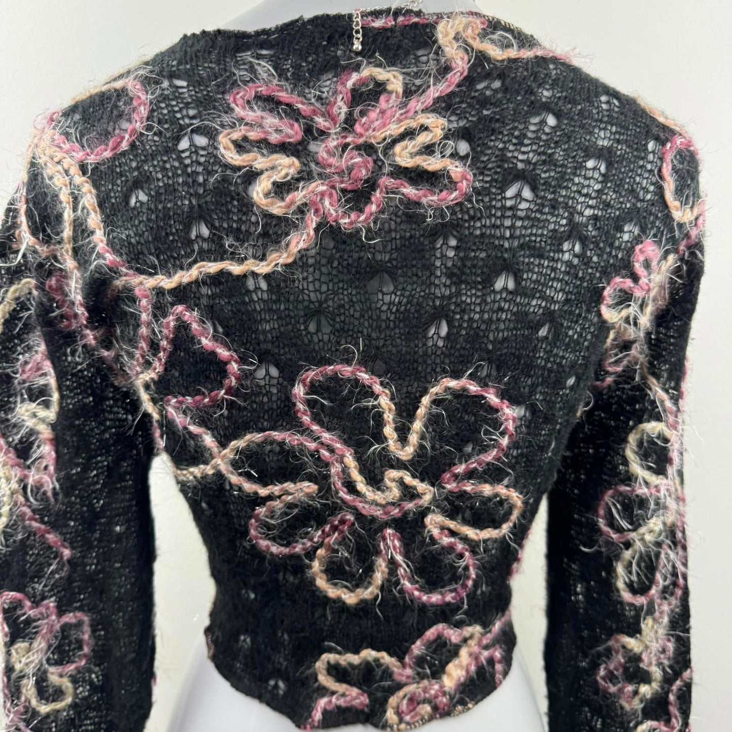 Y2K vintage wool blend knitted cardigan long sleeve cropped floral embroidery