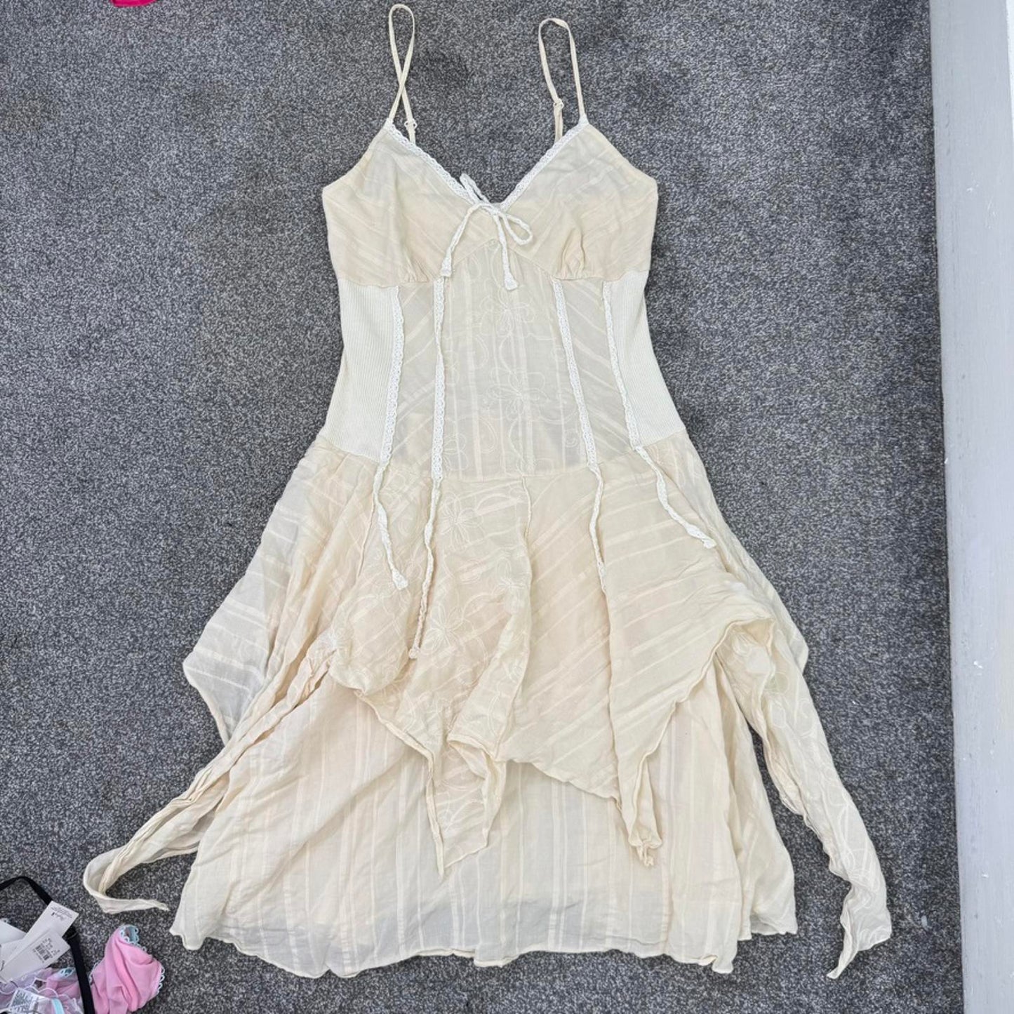 Y2K vintage a line midi dress ruffle fairy boho stripe floral embroidered bow