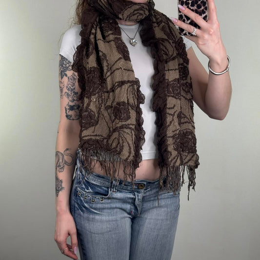 Y2K vintage floral sparkly scarf large fringe light dark brown pattern