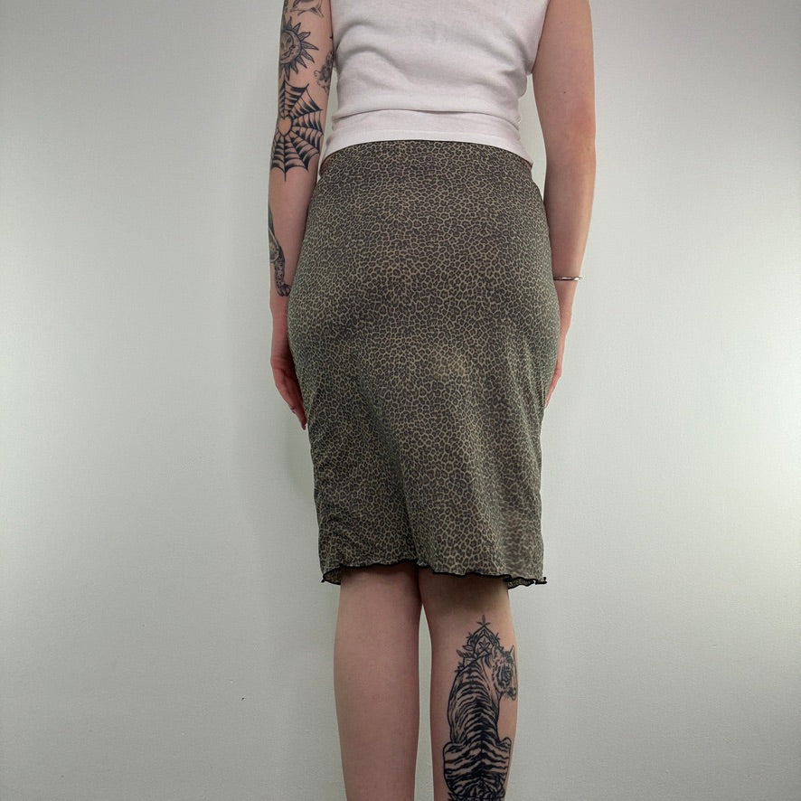 Y2K vintage mesh leopard print midi skirt