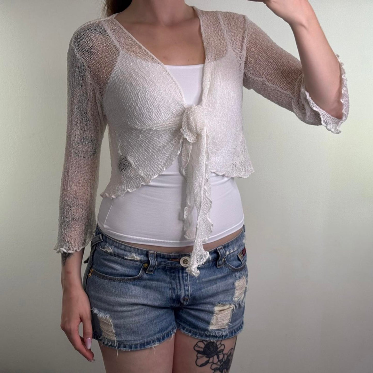 Y2K vintage fine knit shrug cardigan tie front bow 3/4 sleeve sheer cover up