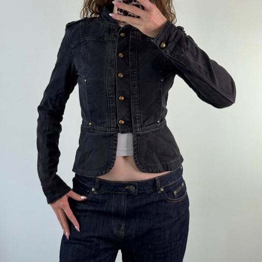 Y2K vintage military button up denim jacket fitted tailored high neck