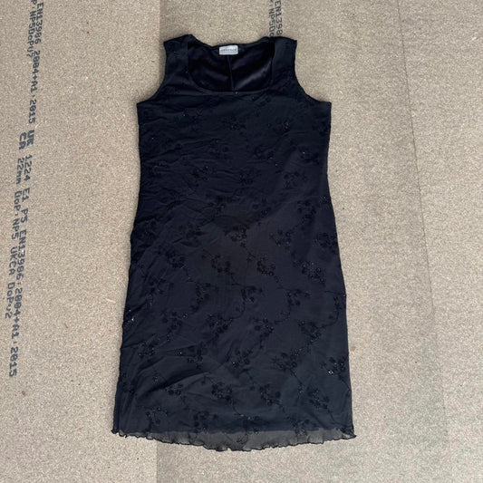 Y2K vintage floral mesh overlay lettuce hem midi dress square neck