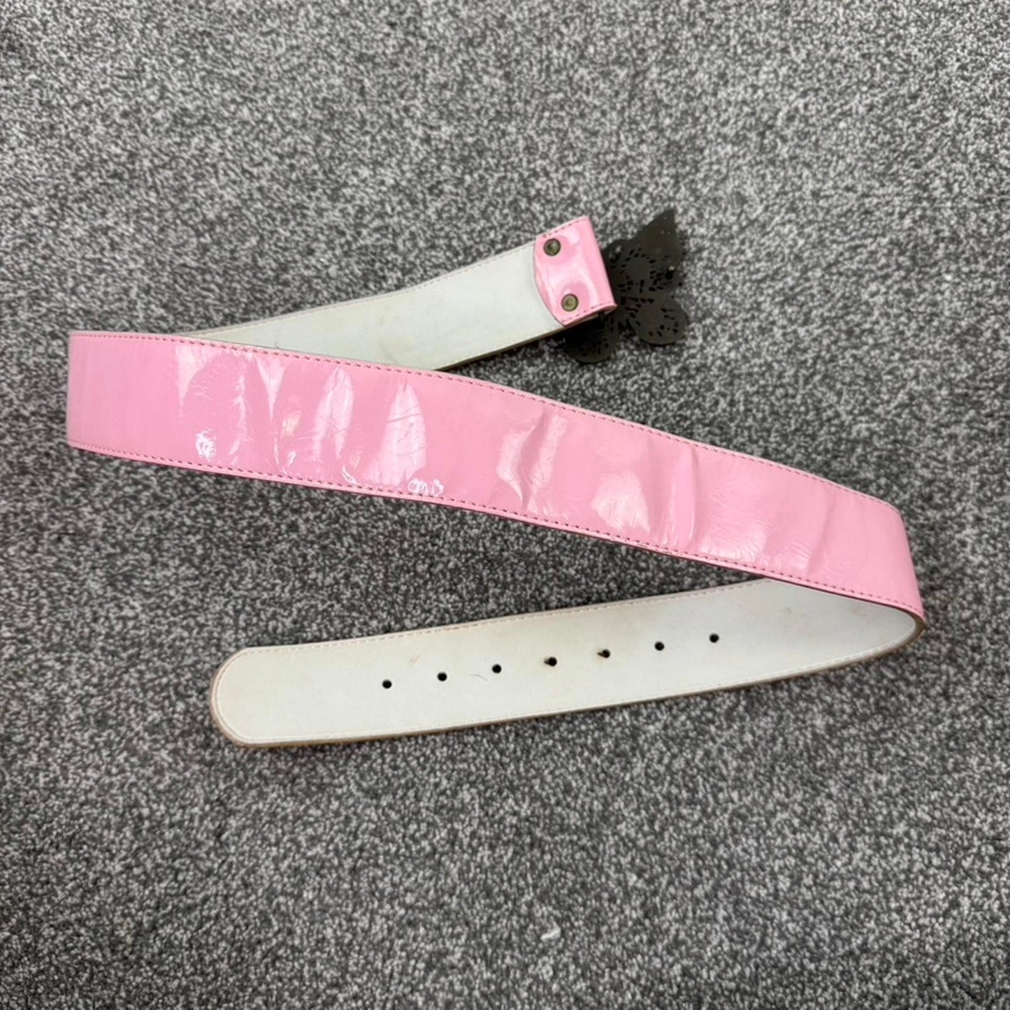Y2K vintage faux patent leather butterfly belt rhinestone baby pink shiny