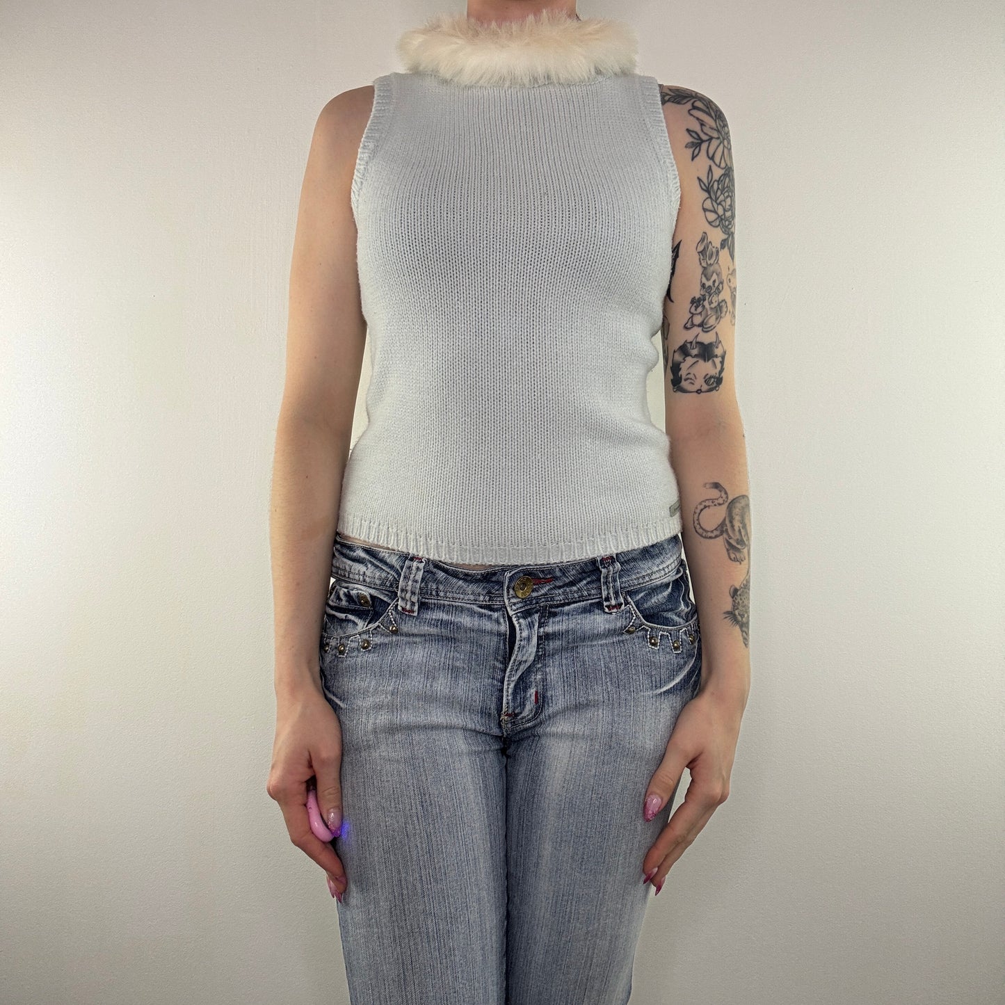 Y2K vintage sleeveless top knit faux fur collar tank winter snow fairy kawaii