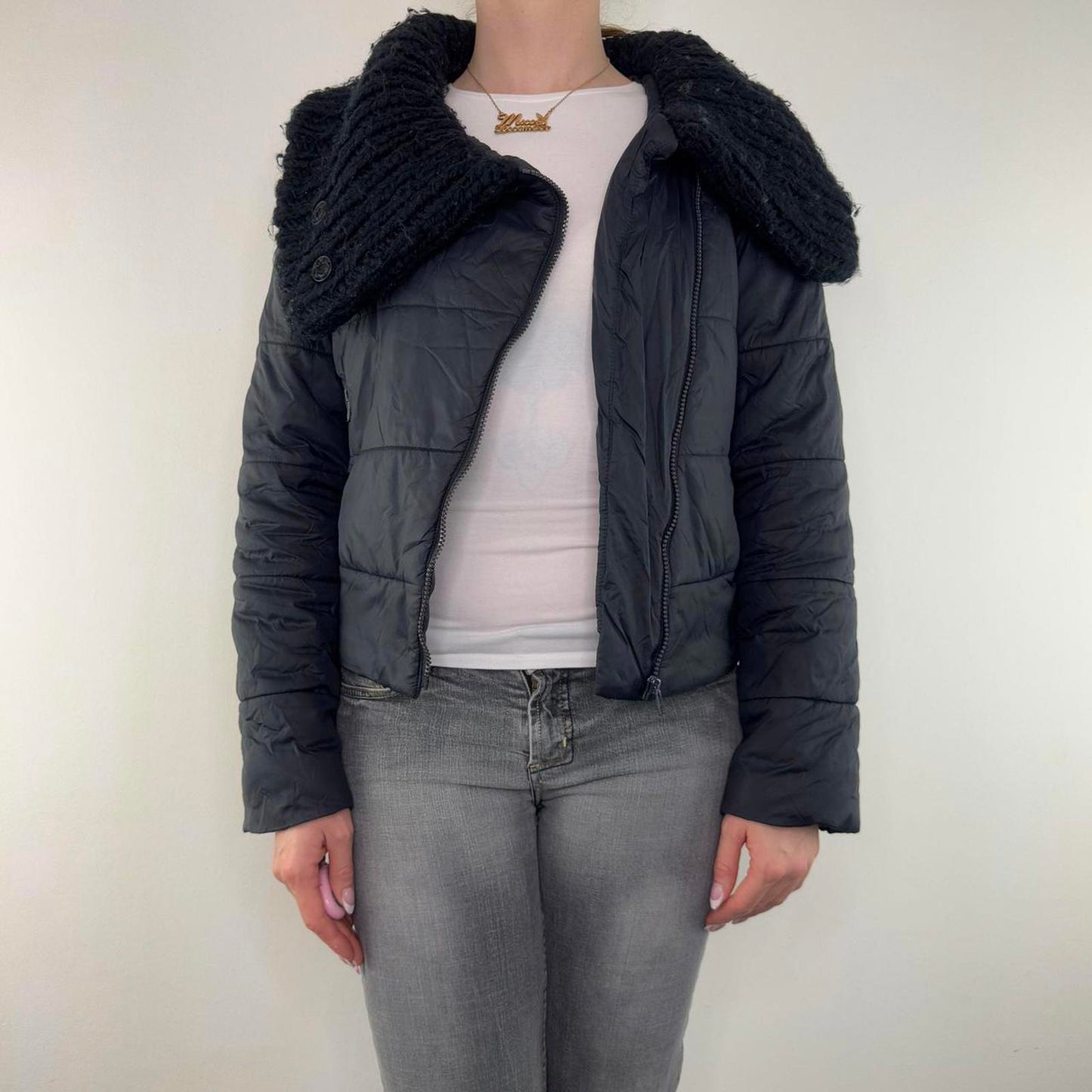 Y2K vintage Kookai short puffer coat asymmetrical zipper jacket knitted collar