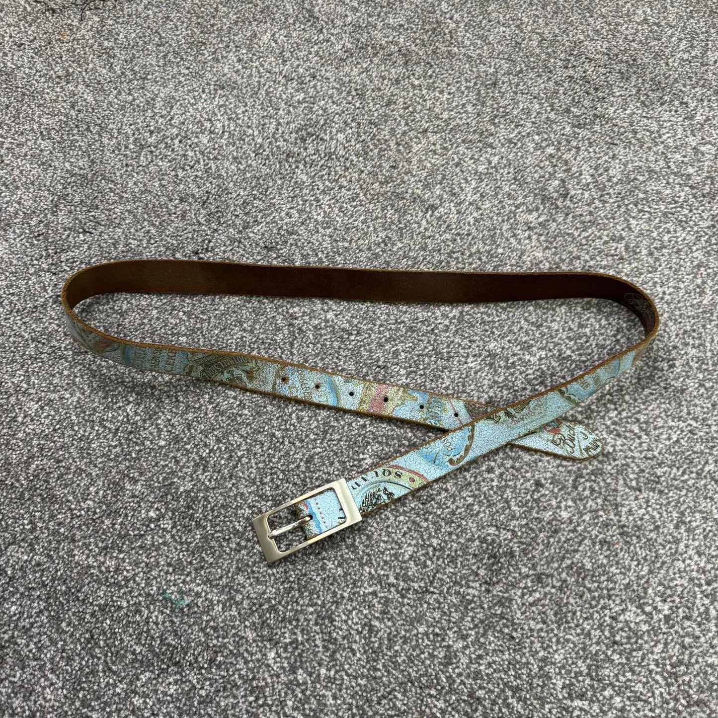 Y2K vintage skinny genuine leather belt graphic print rectangle buckle baby blue