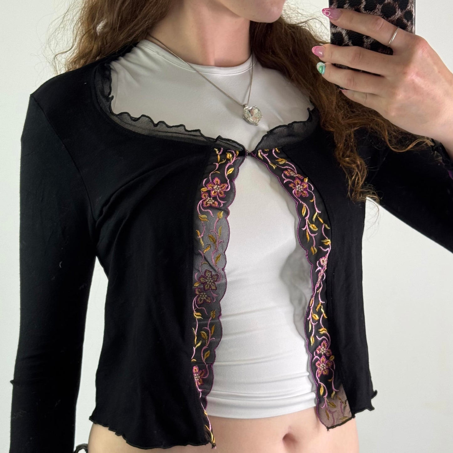 Y2K vintage floral trim cardigan hook and eye open front lettuce hem long sleeve