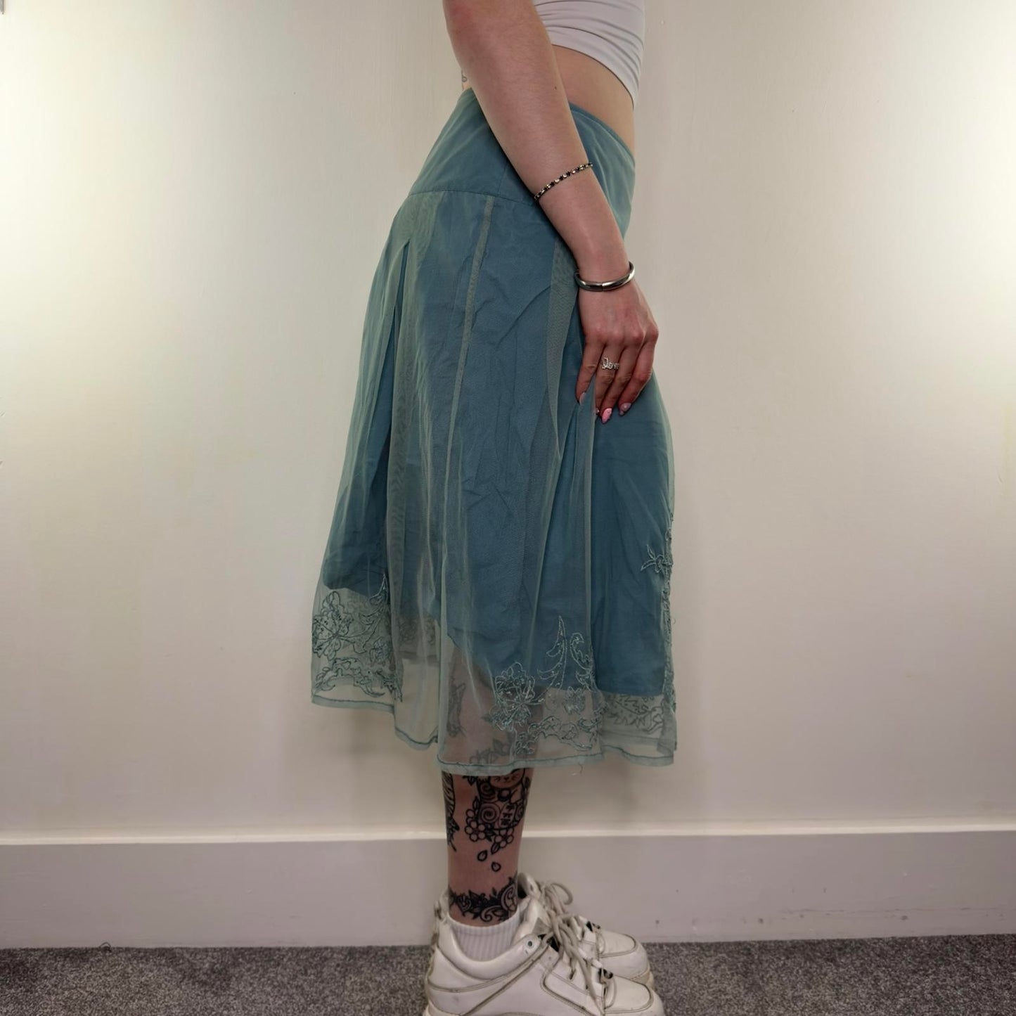 Y2K vintage mesh fishnet double layered midi skirt a line floral embroidered