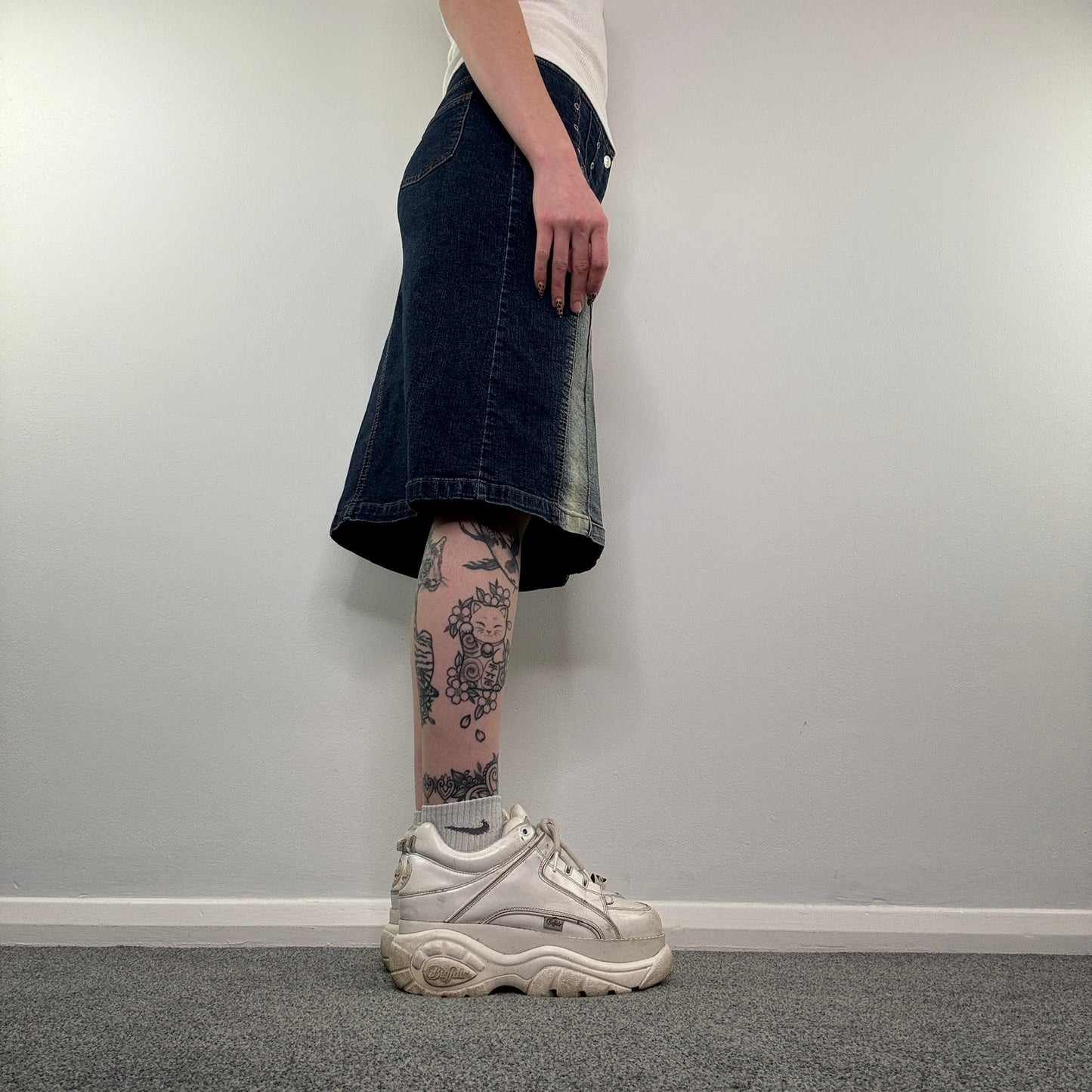 Y2K faded denim grommet midi skirt