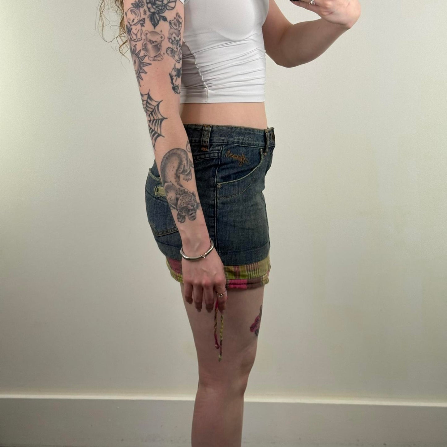 Y2K vintage Animal denim mini skirt mid rise tartan plaid check hem distressed