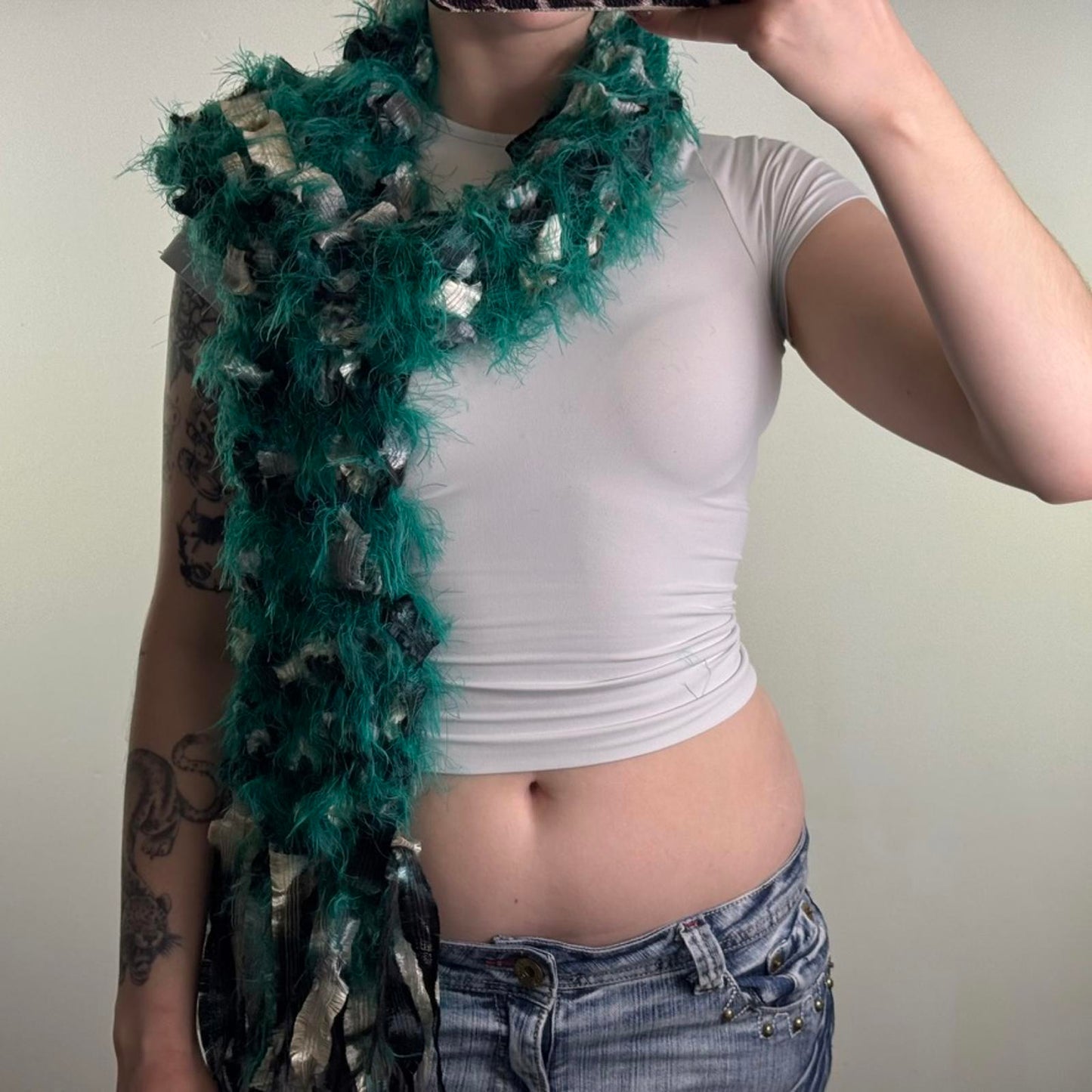 Y2K vintage Phase Eight chunky fluffy scarf green grey cream shaggy