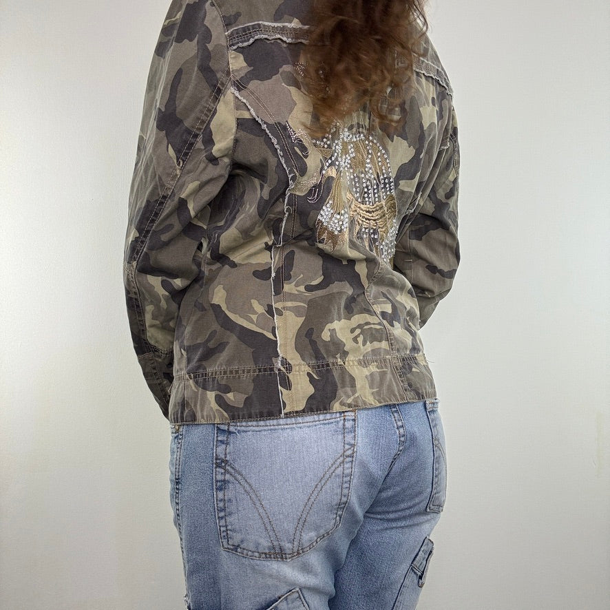 Y2K vintage denim jacket sequin phoenix camo embroidered fraying hem button up