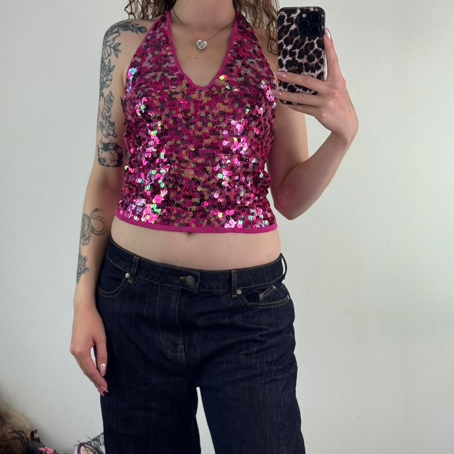 Y2K vintage halter neck sequin tank top fine knit embellished stretchy hot pink